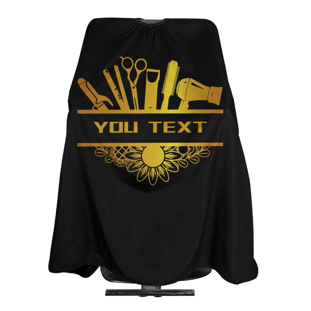 Custom Waterproof Barber Cape Hairdresser Cape, Add Your Photo Text Personalized Golden Barbershop Tools Flower Salon Cape for Men, Customized Hair Cutting Cape for Home Salon Barbershop