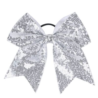 Xansema Women Girls Kids Teens Sequins Hair Bows Elastic Hair Tie Ribbon Large Cheer Bow Ponytail Holder Hair Band (Silver)