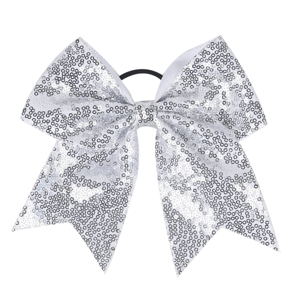 Xansema Women Girls Kids Teens Sequins Hair Bows Elastic Hair Tie Ribbon Large Cheer Bow Ponytail Holder Hair Band (Silver)