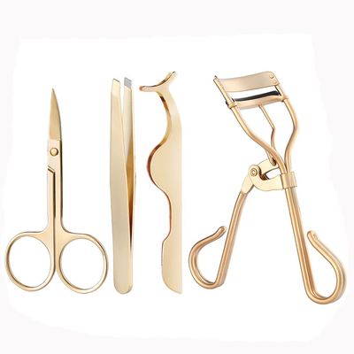 MIPPER 4 PCS/Set Eyelash Tool Kit False Eyelash Applicator Eyelash Curlers Tweezers Eyebrow Scissors Makeup Tool (Gold)
