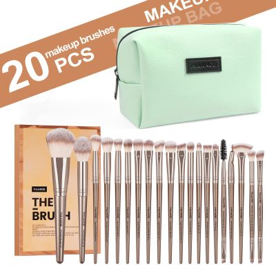 MAANGE Small Makeup Bag for Purse and 20 Pcs Makeup Brushes Set with Gift BoxGreen+Champagne