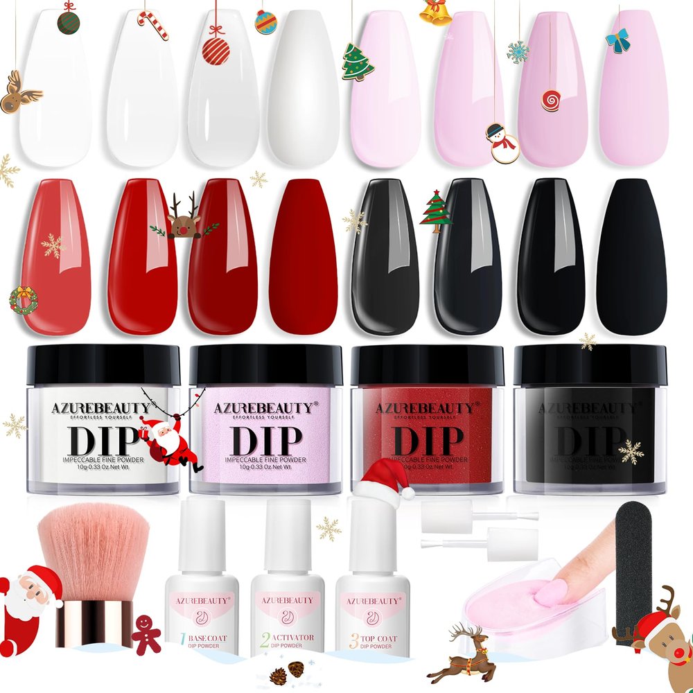 AZUREBEAUTY Dip Nails Powder Starter Kit, Christmas 4 Colors Pink Red Black Clear Dipping Powder System Liquid Set Recycling Tray with Base & Top Coat Activator Manicure Kit for Gift.