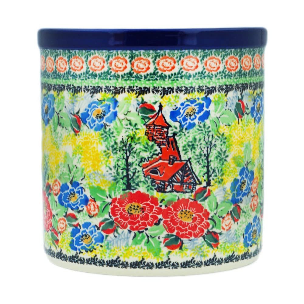 Polmedia Polish Pottery Utensil Jar UNIKAT - Hidden Chalet Pattern Handmade in Boleslawiec Poland by Ceramika Artystyczna + Certificate of Authenticity