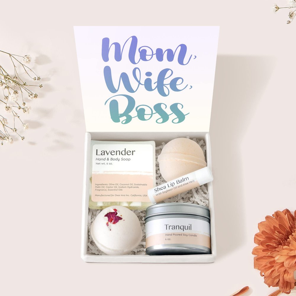 Dear Ava Spa Gifts for Women - Organic Self Care luxury Anti Stress Relaxing Bath and Body Kit Set Basket Box for Her with Heartfelt Card - Funny Gifts for Mom Wife Boss