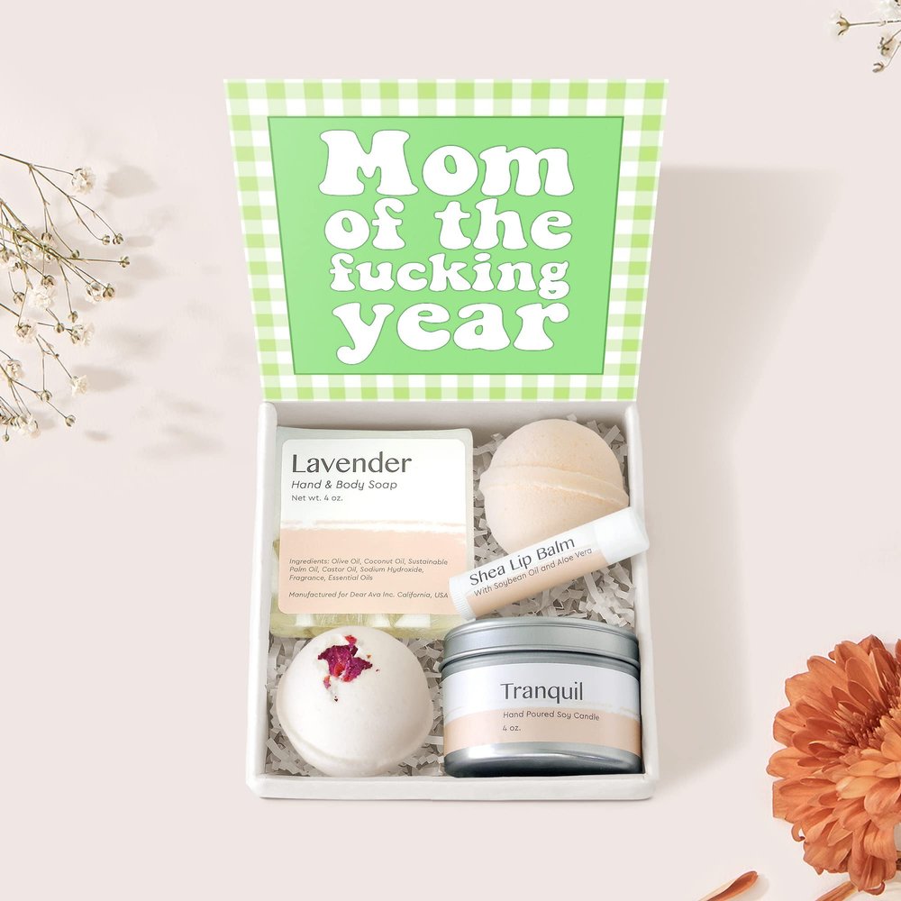 Dear Ava Spa Gifts for Women - Organic Self Care luxury Anti Stress Relaxing Bath and Body Kit Set Basket Box for Her with Heartfelt Card - Funny Gift for Mom