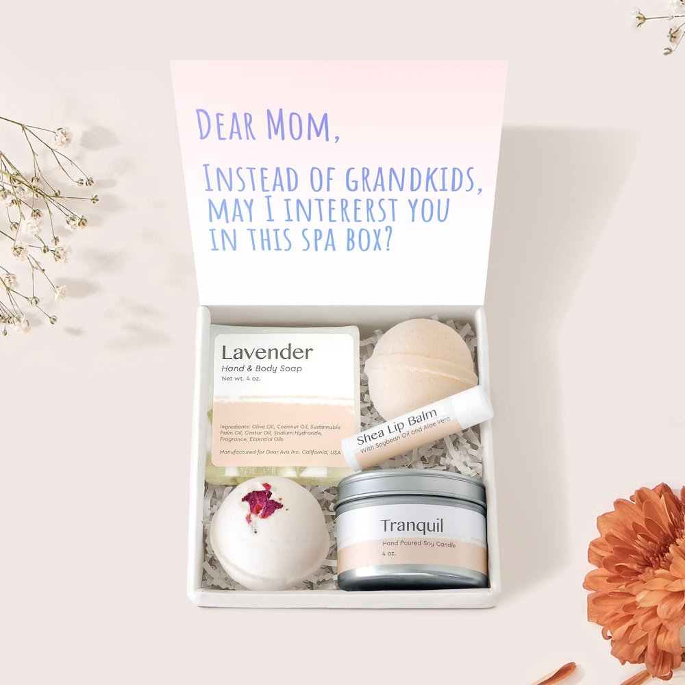Dear Ava Spa Gifts for Women - Organic Self Care luxury Anti Stress Relaxing Bath and Body Kit Set Basket Box for Her with Heartfelt Card - Funny Gift for Mom