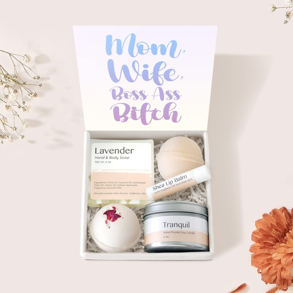 Dear Ava Spa Gifts for Women - Organic Self Care luxury Anti Stress Relaxing Bath and Body Kit Set Basket Box for Her with Heartfelt Card - Funny Gift for Mom and Wife