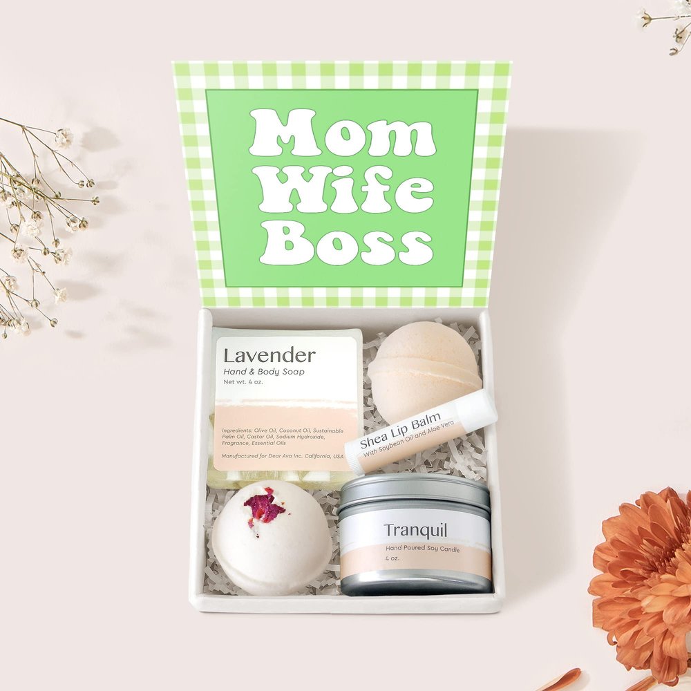 Dear Ava Spa Gifts for Women - Organic Self Care luxury Anti Stress Relaxing Bath and Body Kit Set Basket Box for Her with Heartfelt Card - Gift for Mom Wife Boss