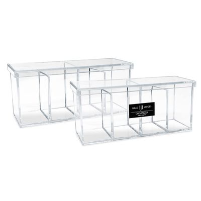 Isaac Jacobs 2-Pack 4-Compartment Clear Acrylic Organizers with Lid (9 L x 3 W x 4 H), Makeup Brush Holder, Sectional Tray, Storage Solution for Makeup, Crafts, Office Supplies & More (2, Clear)