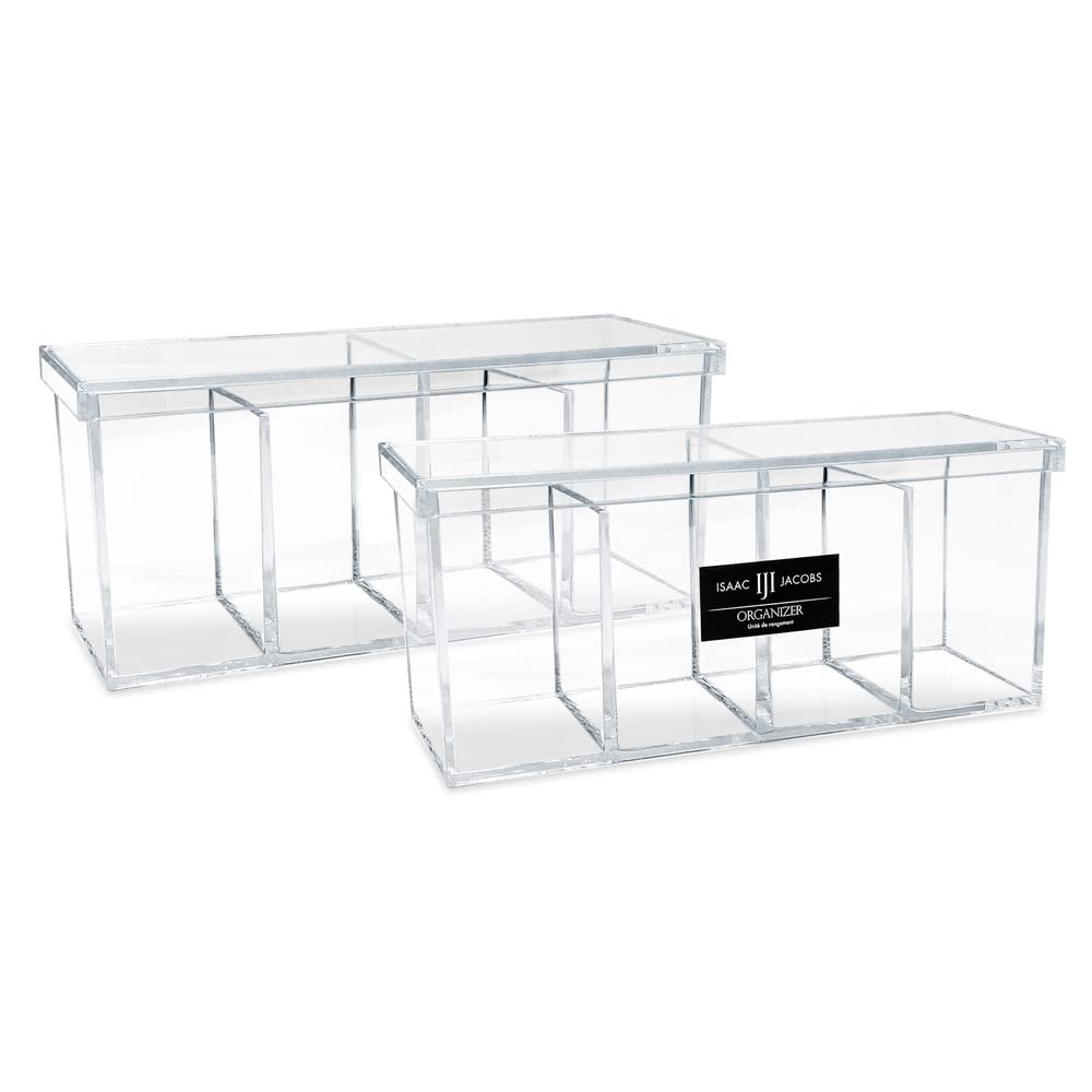 Isaac Jacobs 2-Pack 4-Compartment Clear Acrylic Organizers with Lid (9 L x 3 W x 4 H), Makeup Brush Holder, Sectional Tray, Storage Solution for Makeup, Crafts, Office Supplies & More (2, Clear)