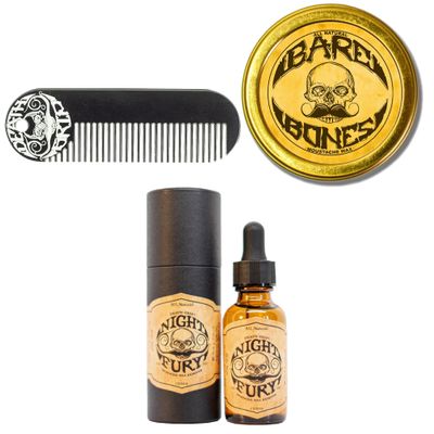 THE VINTAGE GROOMING CO. Bare Bones Medium Hold Mustache Wax, Night Fury Mustache Wax Remover Oil, and Comb Set