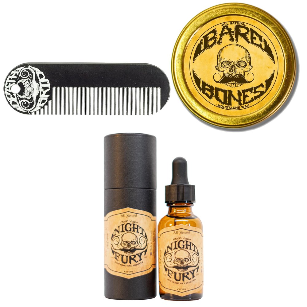 THE VINTAGE GROOMING CO. Bare Bones Medium Hold Mustache Wax, Night Fury Mustache Wax Remover Oil, and Comb Set