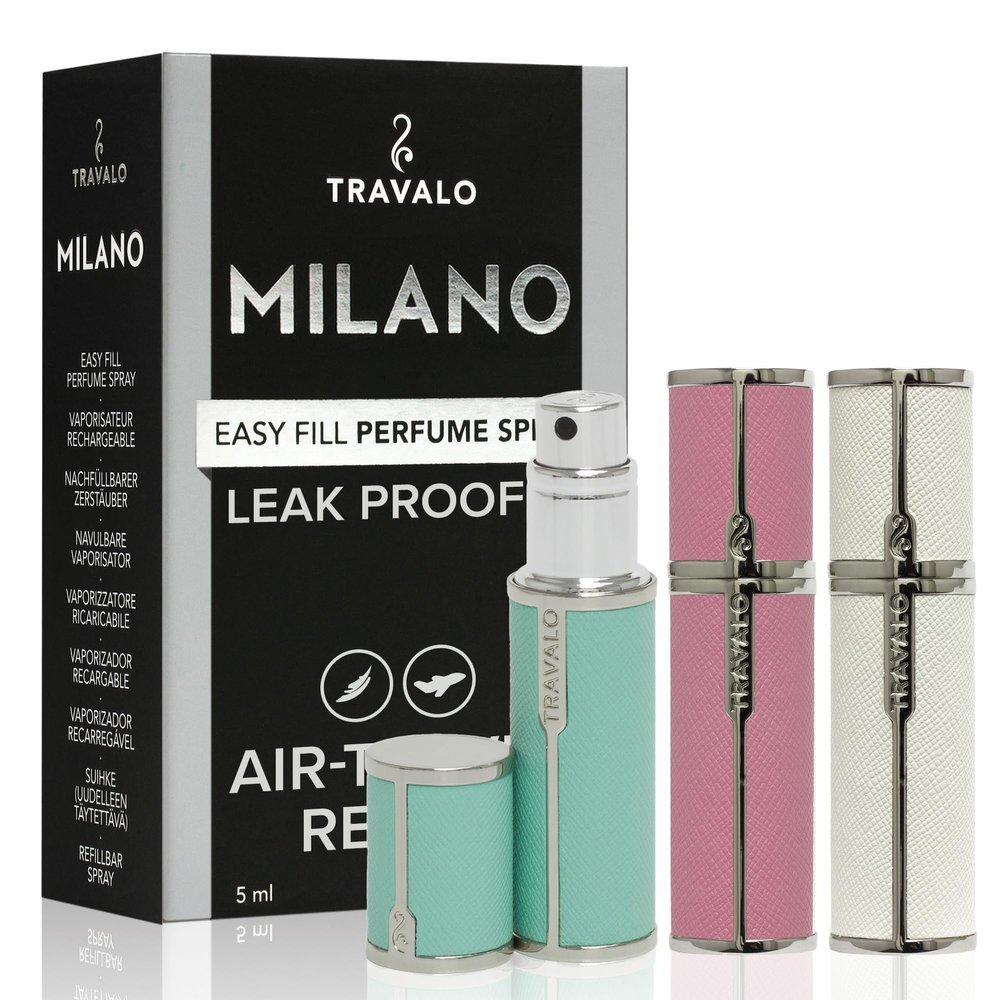Travalo Milano Perfume Atomizer Bundle - Leak-Proof and TSA Approved for Air Travel - Reusable, Easy Fill Mini Pump Sprayer - Vegan Leather w/Polished Metal - White, Aqua, Perfect Pink - 3 Pack