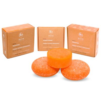 Clever Yoga Wave - Two Citrus Shampoo Bars and One Citrus Conditioner Bar for All Hair Types - 100% Natural and Vegan, Eco Friendly, Plastic Free