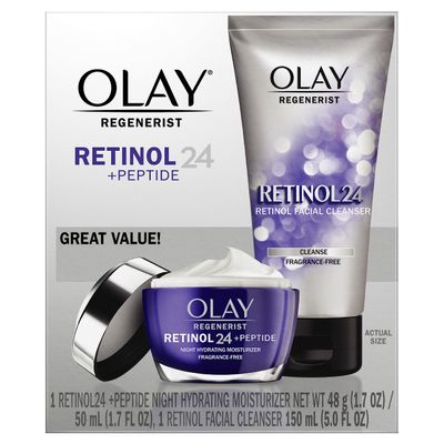 Olay Retinol 24 Duo Pack, Renewing Exfoliating Cleanser, FragranceFree 5.0 FL oz, Night Moisturizer, Fragrance-Free, 1.7 oz, 4ct Retinol Cleansing Melts