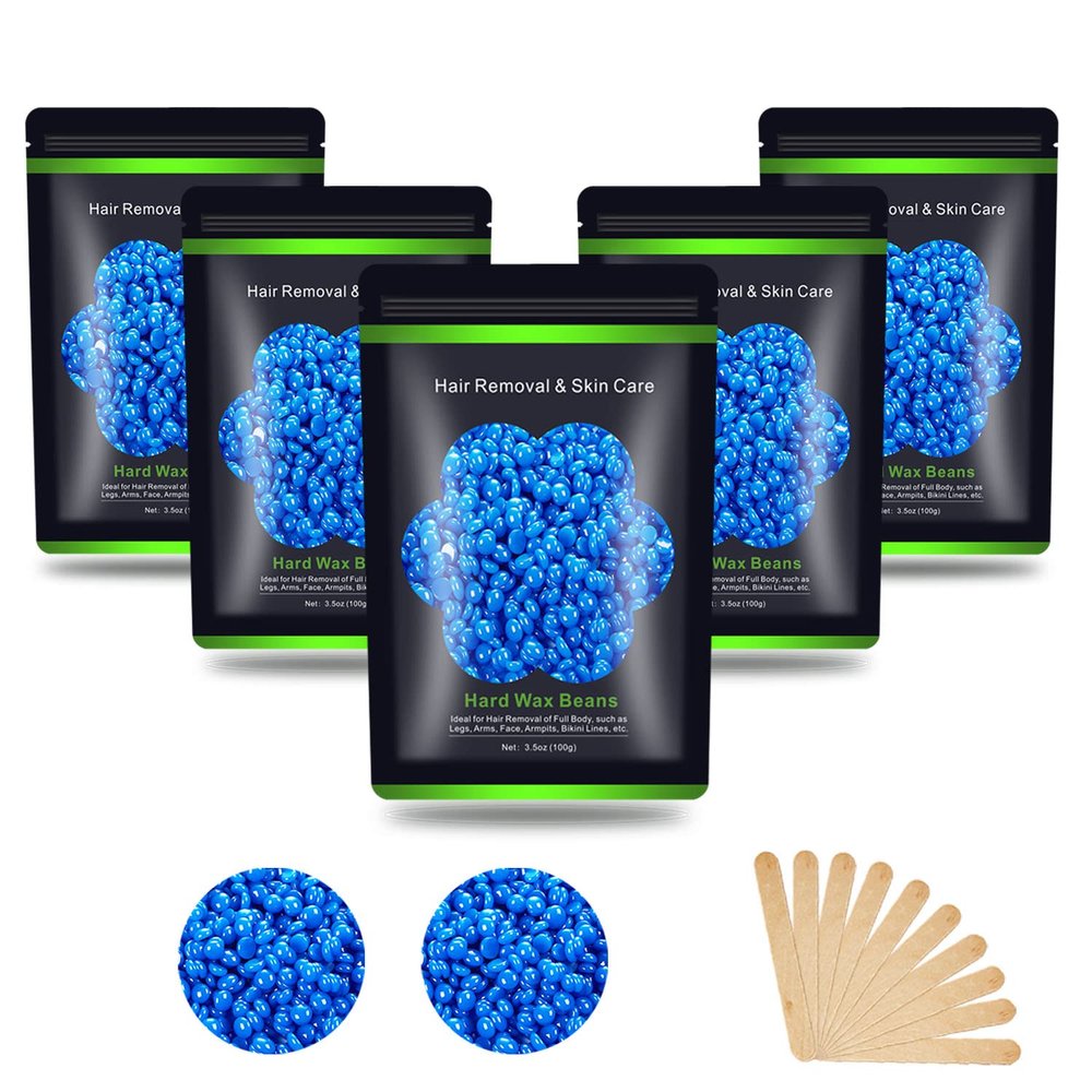 Hard Wax Beans 17.5Oz, Hair Removal Body European Brazilian Pearl Waxing Beads For Women Men Include 10 Waxing Spatulas For Bikini, Eyebrow, Face, Armpit 5 Packs