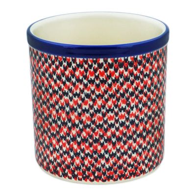 Polmedia Polish Pottery Utensil Jar - Red Houndstooth Pattern Handmade in Boleslawiec Poland by Ceramika Artystyczna + Certificate of Authenticity