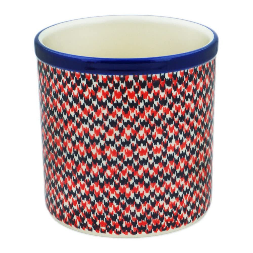 Polmedia Polish Pottery Utensil Jar - Red Houndstooth Pattern Handmade in Boleslawiec Poland by Ceramika Artystyczna + Certificate of Authenticity