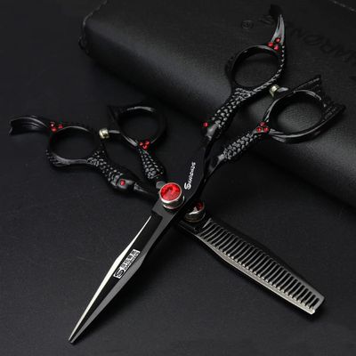 Hair Cutting Scissors, 6 Inch scissors hair professional black barber haircut cutting shears cliper thinning kit 440c barbershop salon stylist (Color : 2pc with case)