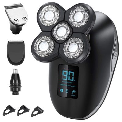 Electric Razor for Men, 5in1 digital display wet dry electric shaver men bald shaving machine beard hair trimmer body facial electric razor rechargeable (Color : Silver)