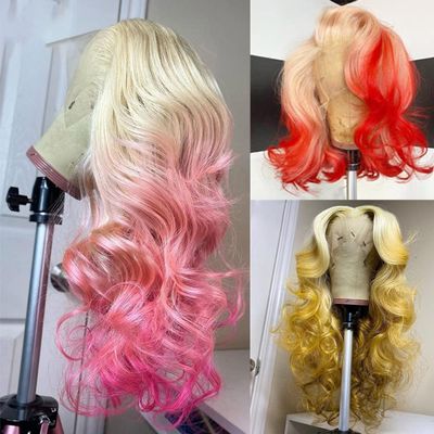 Anlime 613 Root Ombre Hot Red Pink Yellow 13x4 Lace Front Body Wave Wigs For Women With Baby HairHuman Hair Pink Colored Deep Loose Wave Frontal Wig Brazilian HD Transparent Lace Natural Hairline Preplucked (26, 613 T Pink 150 Density)