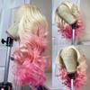 Anlime 613 Root Ombre Hot Red Pink Yellow 13x4 Lace Front Body Wave Wigs For Women With Baby HairHuman Hair Pink Colored Deep Loose Wave Frontal Wig Brazilian HD Transparent Lace Natural Hairline Preplucked (26, 613 T Pink 150 Density) view 4