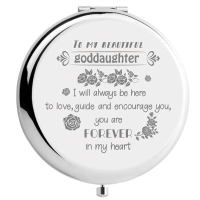 CREATCABIN Goddaughter Compact Mirror from Godmother Stainless Steel Love Encourage Personalized Mini Makeup Pocket Travel Engraved Mirrors Silver for Graduation Birthday Wedding New Year Gifts