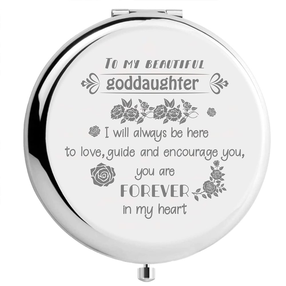 CREATCABIN Goddaughter Compact Mirror from Godmother Stainless Steel Love Encourage Personalized Mini Makeup Pocket Travel Engraved Mirrors Silver for Graduation Birthday Wedding New Year Gifts
