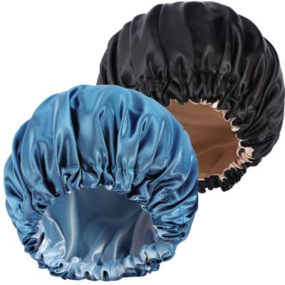 2 Pack Satin Bonnet Sleep Cap,Extra Large Hair Bonnet for Black Women,Double Layer Reversible Silk Bonnet Hair Cap,Elastic Sleep Bonnet Satin Cap for Curly Natural Hair (Black+Blue Zircon)