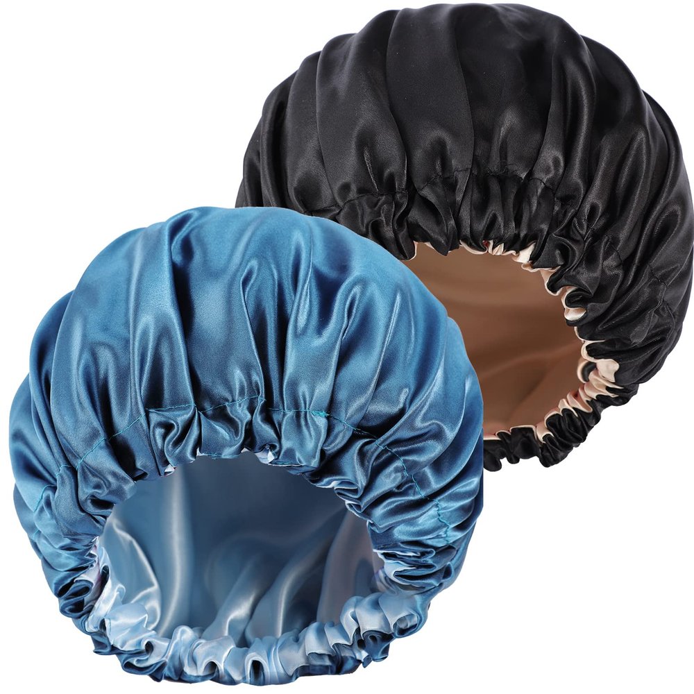 2 Pack Satin Bonnet Sleep Cap,Extra Large Hair Bonnet for Black Women,Double Layer Reversible Silk Bonnet Hair Cap,Elastic Sleep Bonnet Satin Cap for Curly Natural Hair (Black+Blue Zircon)