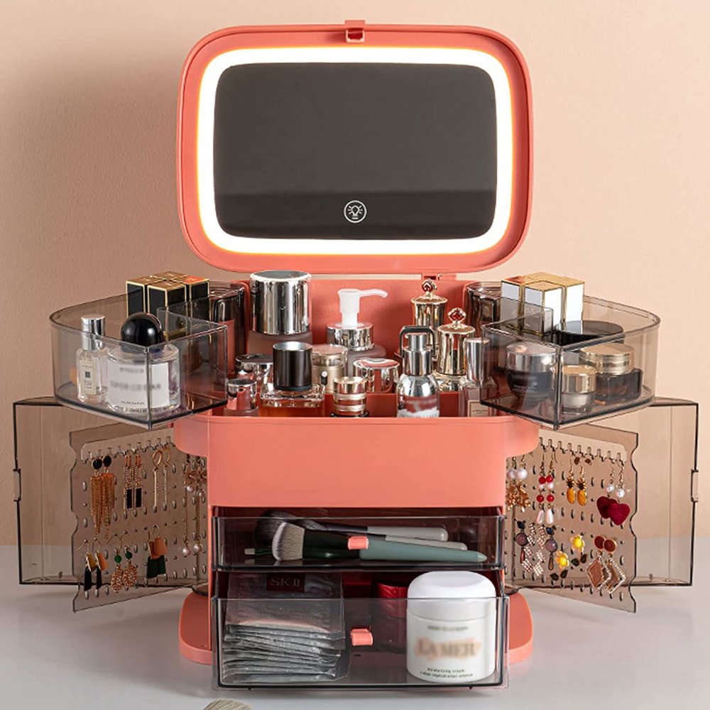 Makeup Organizer (Orange with LED) Fully Open Lid Drawers Handle Skincare Case elegant display cabinet for Bathroom Countertop and Bedroom Vanity DresserCosmetics storage display rack with drawer