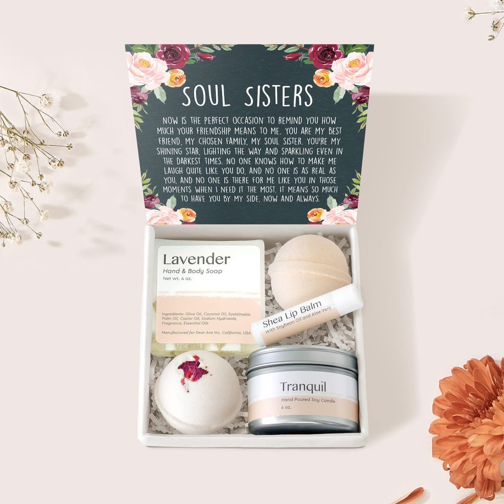 Dear Ava Spa Gifts for Women - Organic Self Care luxury Anti Stress Relaxing Bath and Body Kit Set Basket Box for Her with Heartfelt Card - Gift for Soul Sister