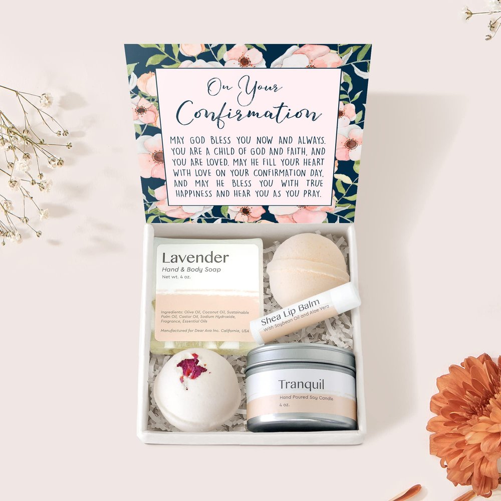 Dear Ava Spa Gifts for Women and Girls - Organic Self Care Luxury Gifting Idea Kit Set Basket - Anti Stress Relaxing Bath and Body Gift Box for Her with Heartfelt Card Confirmation Gift for Girls
