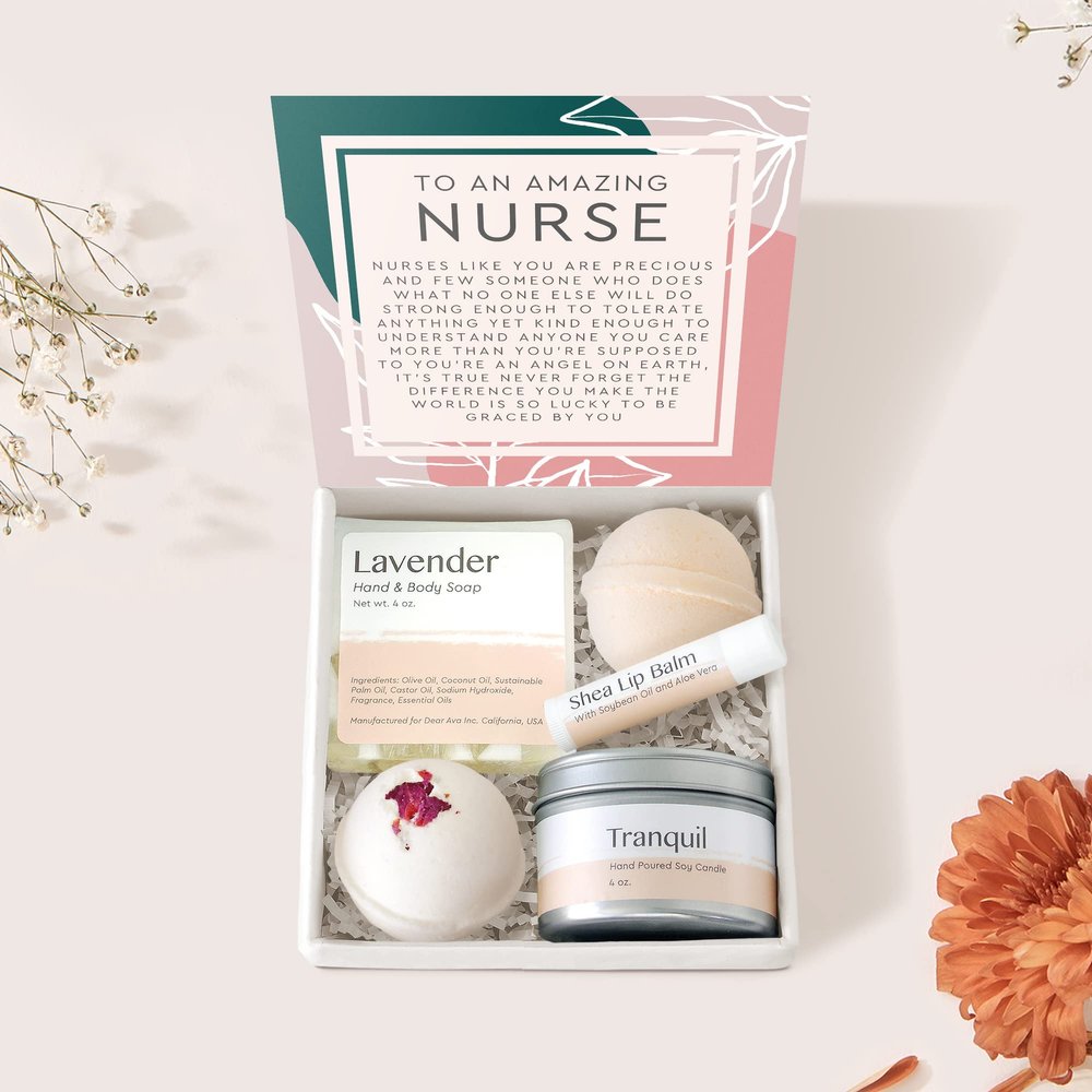 Dear Ava Spa Gifts for Women - Organic Self Care luxury Anti Stress Relaxing Bath and Body Kit Set Basket Box for Her with Heartfelt Card - Appreciation Gift for Nurse