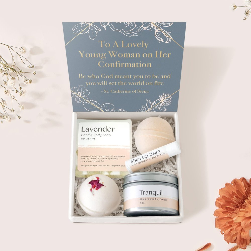 Dear Ava Spa Gifts for Women and Girls - Organic Self Care Luxury Gifting Idea Kit Set Basket - Anti Stress Relaxing Bath and Body Gift Box for Her with Heartfelt Card Confirmation Gift for Girls