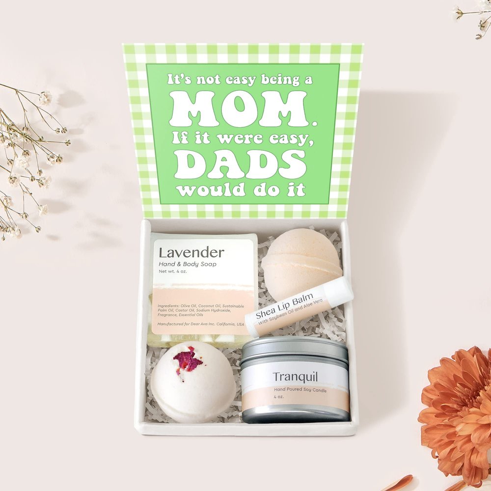 Dear Ava Spa Gifts for Women - Organic Self Care luxury Anti Stress Relaxing Bath and Body Kit Set Basket Box for Her with Heartfelt Card - Funny Mom Dad Gift