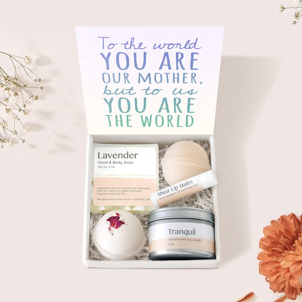 Dear Ava Spa Gifts for Women - Organic Self Care luxury Anti Stress Relaxing Bath and Body Kit Set Basket Box for Her with Heartfelt Card - Gift for Lovely Mom