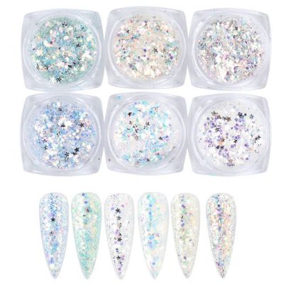 Holographic Nail Art Sequins Glitter Kits 6 Boxes 3D Nails Glitter Metallic Shining Flakes Acrylic Powder Dust Sequins for Nails Decoration Holographic Manicure Tips (Mixed Color - Fresh)