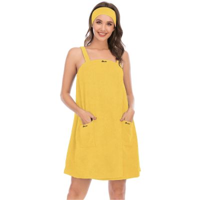 ANUFER Womens Adjustable Bath Towel Wraps with Headband for Gym Shower Spa & Beach Cover Ups Yellow L