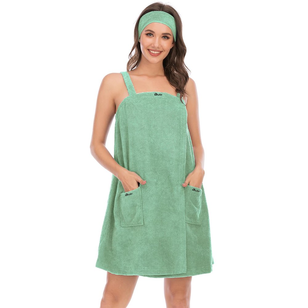 ANUFER Womens Adjustable Bath Towel Wraps with Headband for Gym Shower Spa & Beach Cover Ups Green XL