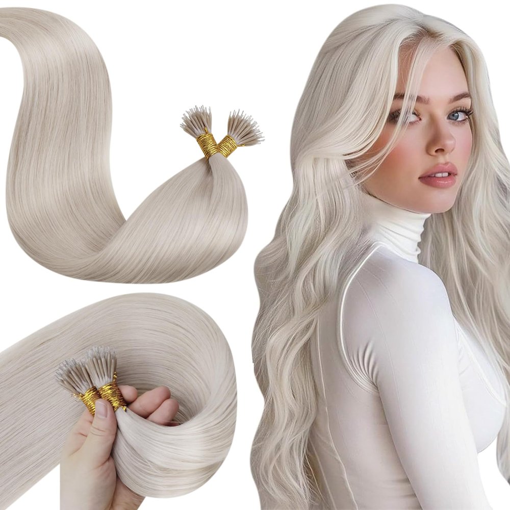 LaaVoo Nano Ring Hair Extensions Platinum Blonde Nano Bead Hair Extensions Human Hair Blonde 18IN 50s 50g