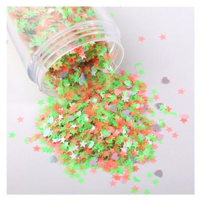 HANRUO Ultrathin Mix Star Heart Flower Shape Laser Sequins for Card Nail Art Scrapbook Decoration Makeup Confetti (Color : 1605 Green Orange, Size : 30mL Barrel Pack)