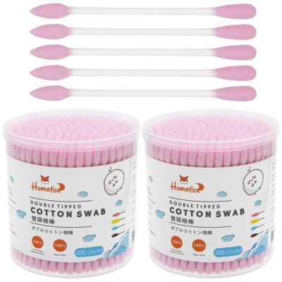 HOMEFOX Pink Cotton Swabs Precision Pointed - 400 Count Pointy Cotton Buds Double Side Tightly Wrapped Cotton Tips Paper Stick Organic Soft Gentle Lint-Free Cruelty-Free, Pointy & Round (Pink)