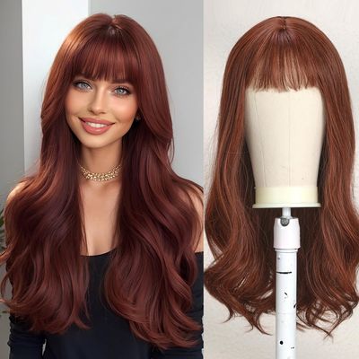 Esmee 24 Inches Long Wavy Rde Brown Wigs for Women Natural Synthetic Hair Heat Resistant Wigs with Bangs for Daily Party Cosplay Use (Wine Red)