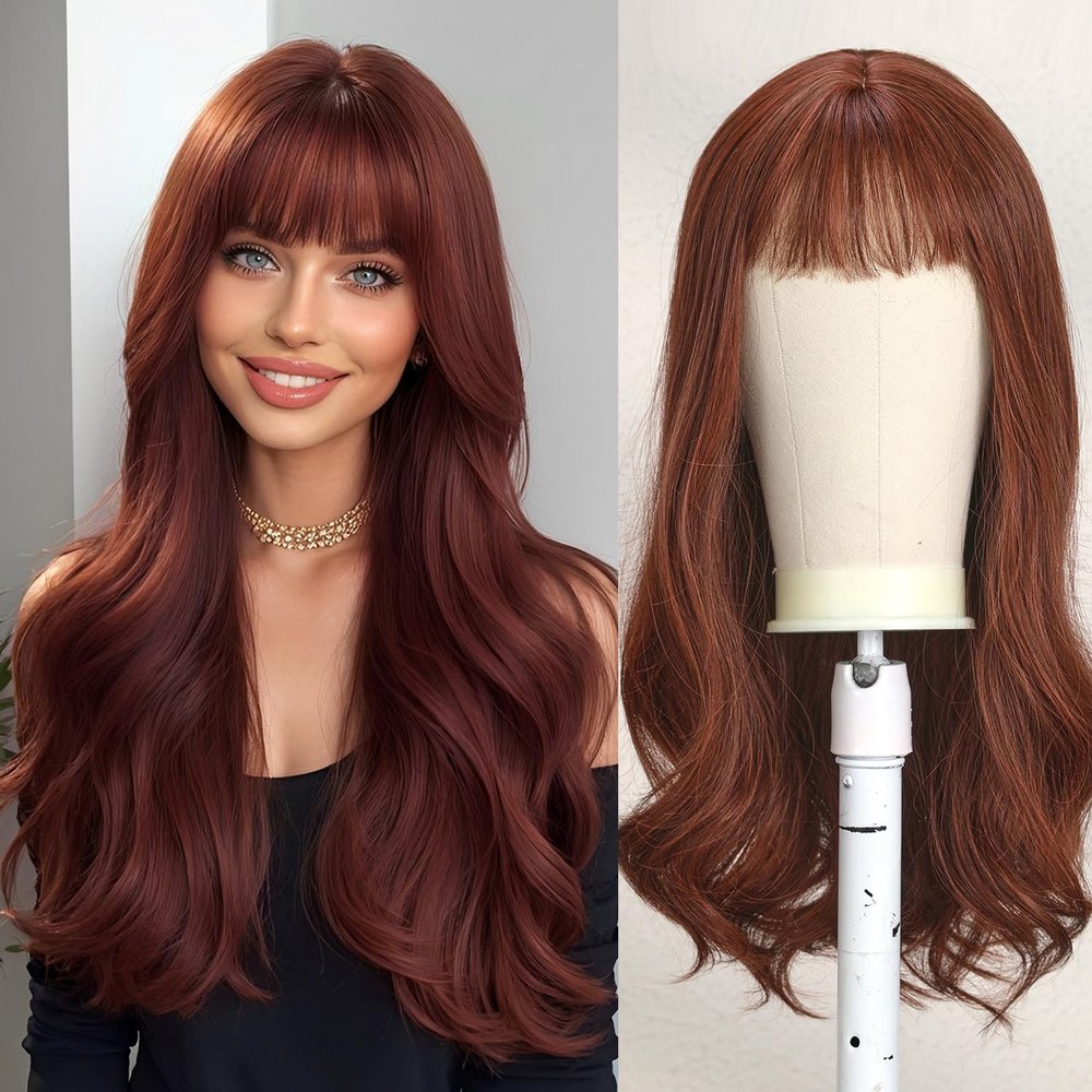 Esmee 24 Inches Long Wavy Rde Brown Wigs for Women Natural Synthetic Hair Heat Resistant Wigs with Bangs for Daily Party Cosplay Use (Wine Red)