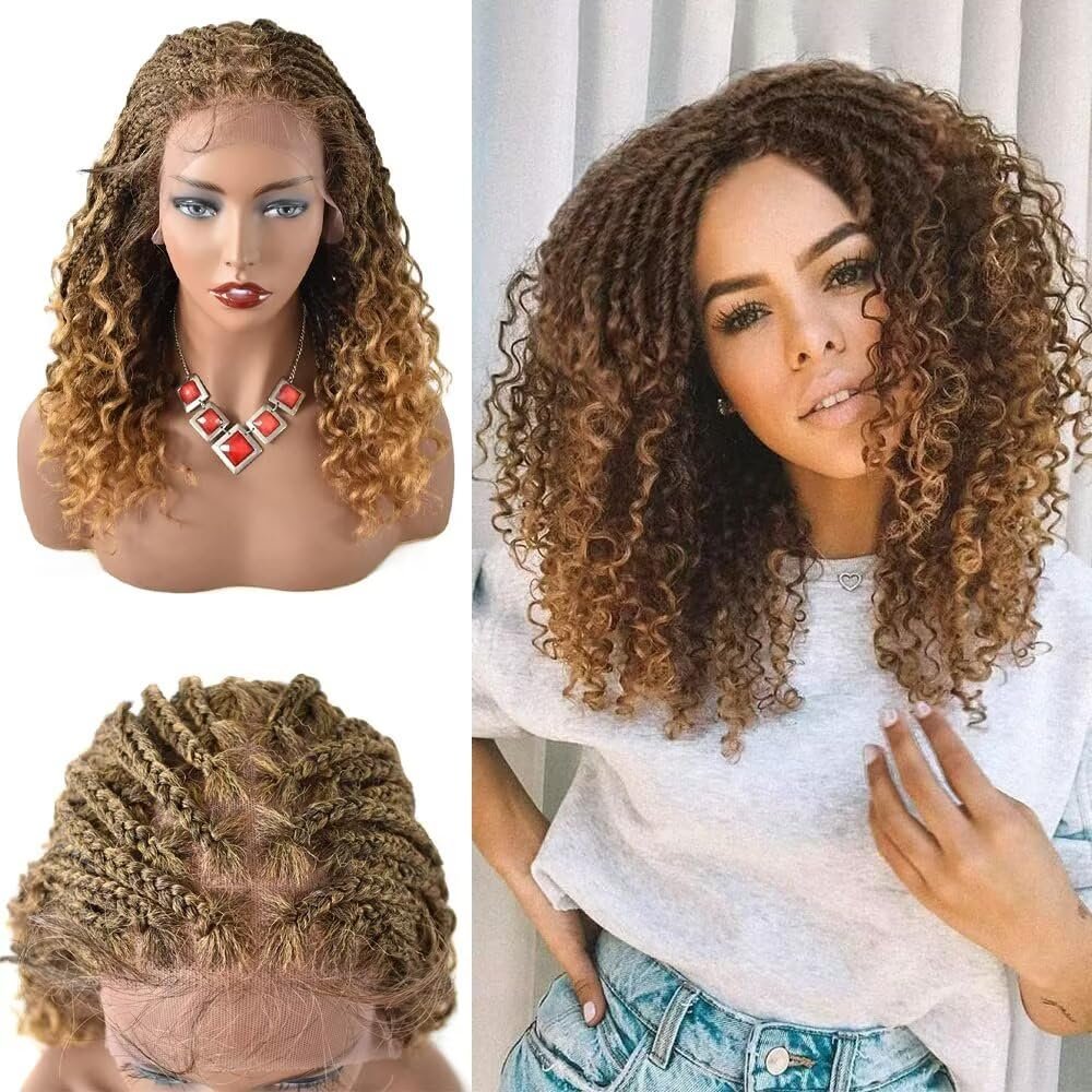 18.5" Braided Wig Swiss Lace Front Box Braids Wig For Black Women Twist Cornrow With Natural Baby Hair Lightweight Heat Friendly Curly Wavy Ends Synthetic Hair Wigs (1B/27T# Black Mix Blonde)