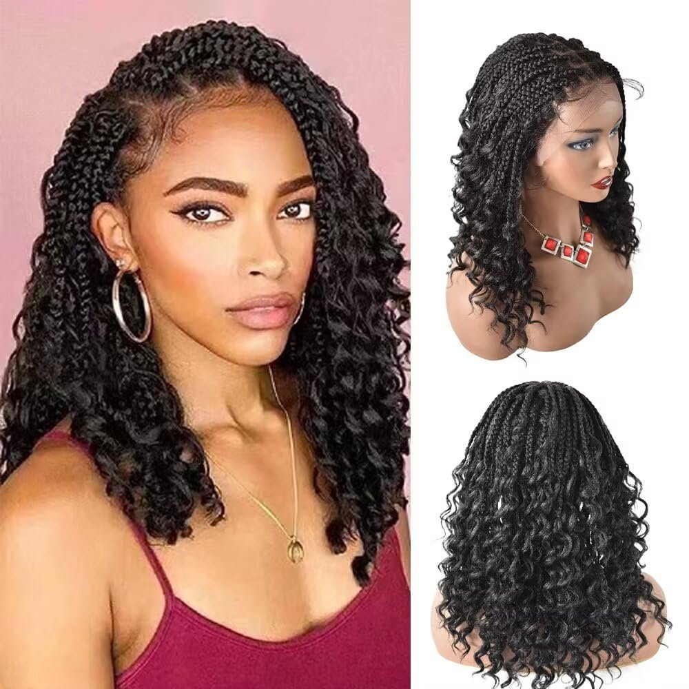 18.5" Braided Wig Swiss Lace Front Box Braids Wig For Black Women Twist Cornrow With Natural Baby Hair Glue less Lightweight Heat Friendly Curly Wavy Ends Synthetic Hair Wigs (1B# Black)