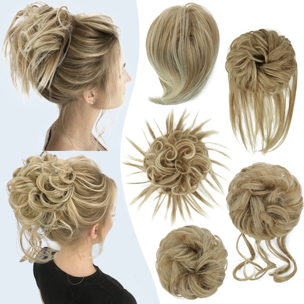 HMD 5 Pieces Messy Hair Bun Hairpiece Tousled Updo for Women Hair Extension Ponytail Scrunchies with Elastic Rubber Band Long Updo Messy Hairpiece Hair Accessories Set for Women27/613