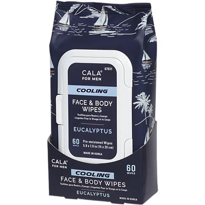 CALA Men's Cooling Face & Body Wipes: Eucalyptus (60 Sheets) - Refreshing, Hydrating Wipes for a Clean, Soothed Complexion, Ideal for Active Men (60 count, Pack of 1)