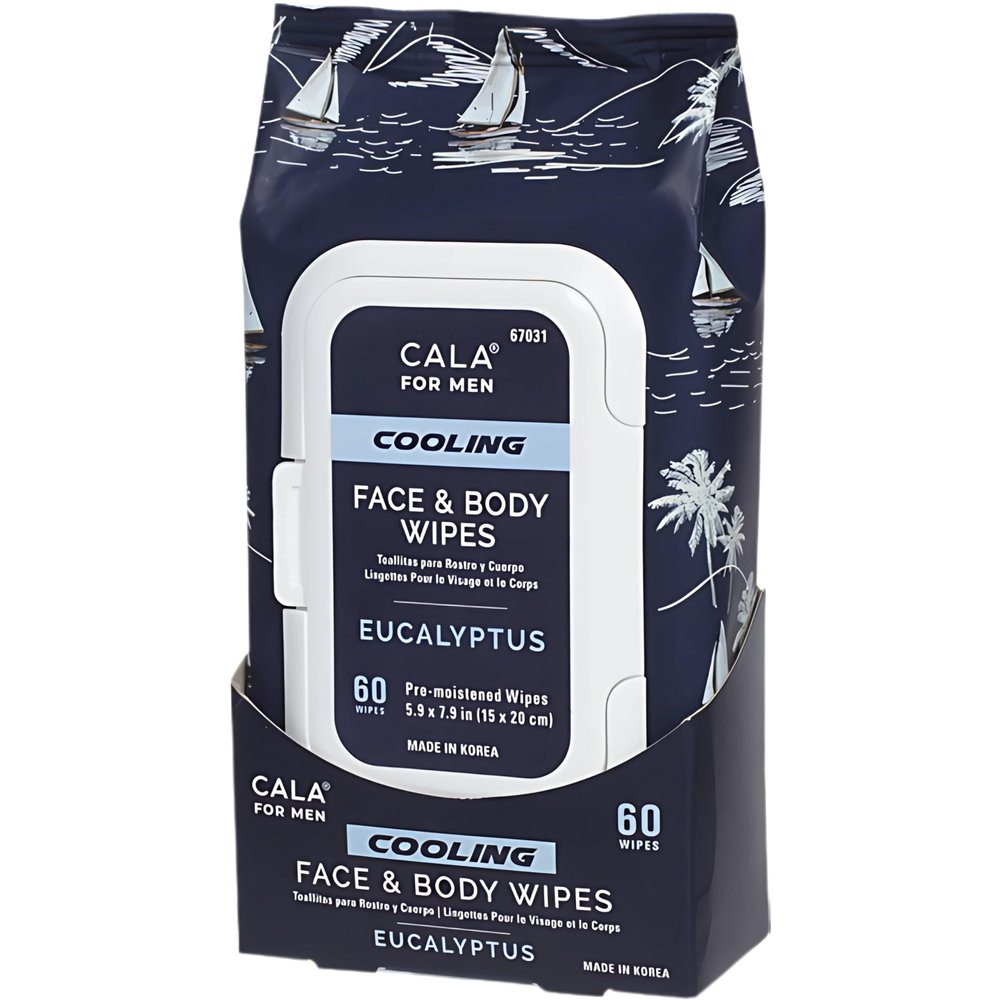 CALA Men's Cooling Face & Body Wipes: Eucalyptus (60 Sheets) - Refreshing, Hydrating Wipes for a Clean, Soothed Complexion, Ideal for Active Men (60 count, Pack of 1)